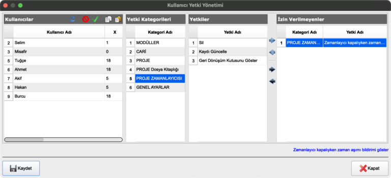 Kullanıcıların SESAWORK Modüllerine erişim yetkilerini ayarlayın.